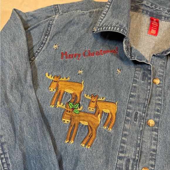 Vintage Embroidered Denim Christmas Shirt with Santa and Reindeer - Picture 2 of 8